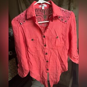 Roommates Coral Button-Down Shirt with Crochet Detail